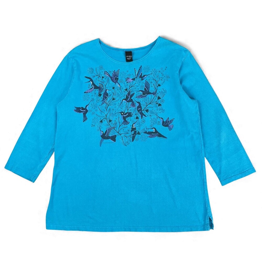 SABAKU Artsy Top Size M Ethnic Desert Flowers Hummingbirds 3/4 Sleeve Turquoise